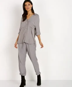 Bella Dahl Tops>Two Pocket Fray Hem Shirt Stone Grey