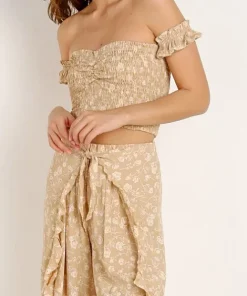 Blue Life Tops>Secret Crush Smocked Top Blushing Gardens Taupe