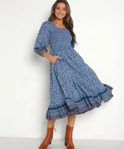 Cleobella Dresses>Eva Midi Dress Lapis Block Print
