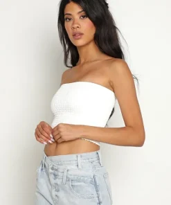 Commando Tops>Faux Leather Smocked Tube Top White