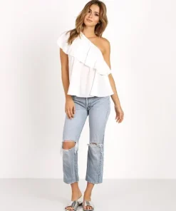 Delacy Tops>Fiona One Shoulder Top White