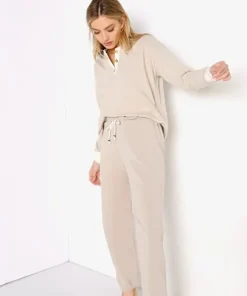 DONNI. Tops>Duo Henley Long Sleeve Stone + Creme