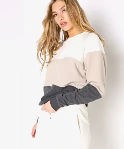 DONNI. Knits>Vintage Fleece Tri-Crew Sweatshirt Creme/Stone/Charcoal