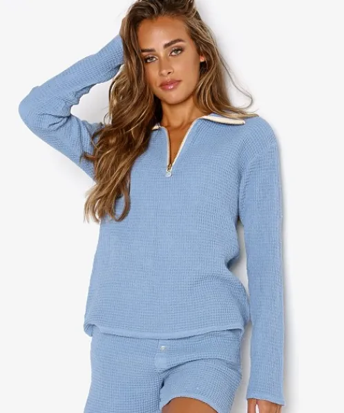 DONNI. Knits>Waffle 1/2 Zip Pullover Denim + Freshwater Pearl