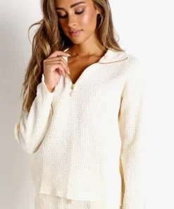 DONNI. Knits>Waffle 1/2 Zip Pullover Cream + Freshwater Pearl