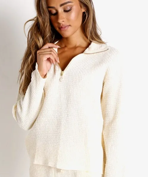 DONNI. Knits>Waffle 1/2 Zip Pullover Cream + Freshwater Pearl