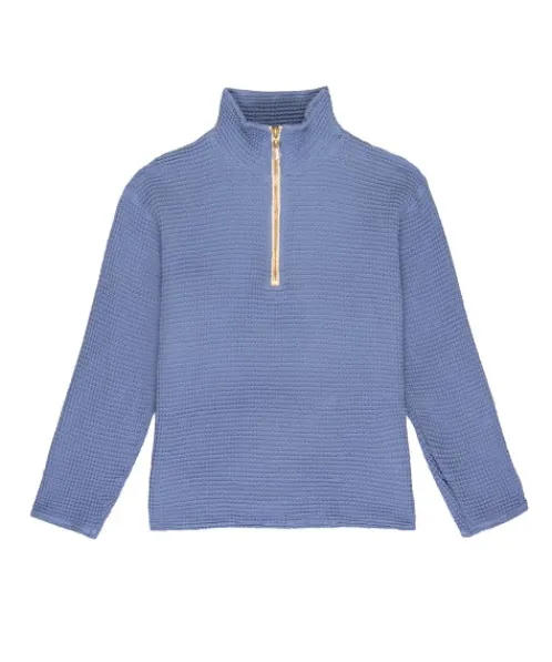 DONNI. Knits>Waffle 1/2 Zip Pullover Denim + Freshwater Pearl
