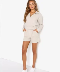 DONNI. Shorts>Waffle Henley Short Stone + Mother of Pearl