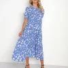 En Saison Dresses>Floral Print Linen Midi Dress Blue