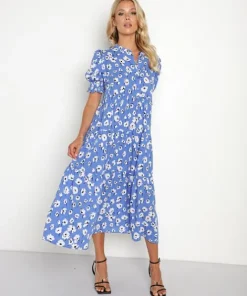 En Saison Dresses>Floral Print Linen Midi Dress Blue