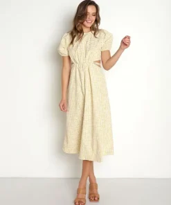 En Saison Dresses>Kanika Embroidered Gingham Midi Dress Yellow