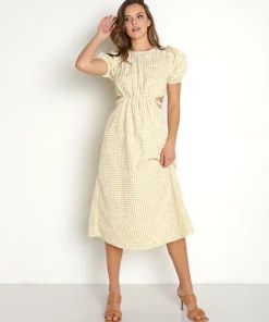 En Saison Dresses>Kanika Embroidered Gingham Midi Dress Yellow