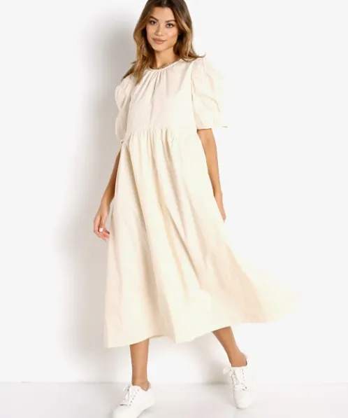 En Saison Dresses>Poplin Midi Dress Natural