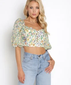 For Love & Lemons Tops>For Love & Lemons Riley Top Green Floral