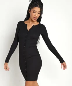 Indah Dresses>Body Lenny Solid Henley Button Front Mini Black