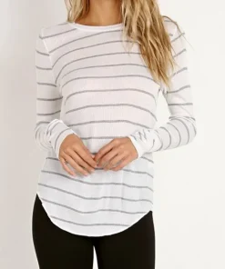 Indah Tops>French Toast Long Sleeve Bone Rib Stripe