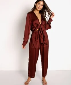 Indah Tops>Tilda Solid Tie Front Long Sleeve Port
