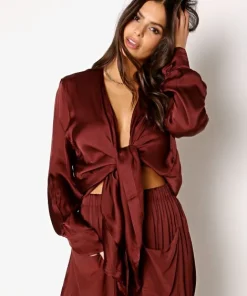 Indah Tops>Tilda Solid Tie Front Long Sleeve Port