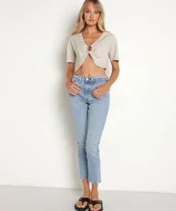 Joah Brown Tops>Twist Tee Cotton Fog