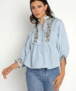 Kinga Csilla Tops>Kahlo Embroidered Blouse Blue Linen