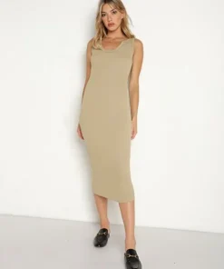 LNA Clothing Dresses>Gaia Seamed Rib Dress Pale Khaki