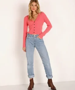 NAADAM Knits | Tops>Cashmere Deep V Ribbed Cardi Taffy Pink