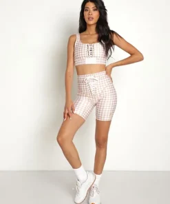 PE NATION Sports Bras>Extra Time Sports Bra Gingham Print