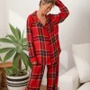 Plush Pj Sets>Soft Woven Plaid PJ Set with Scrunchie Red