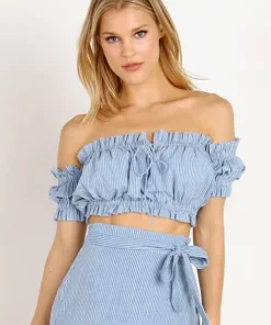 Rue Stiic Tops>Gloria Off Shoulder Top French Blue Stripe