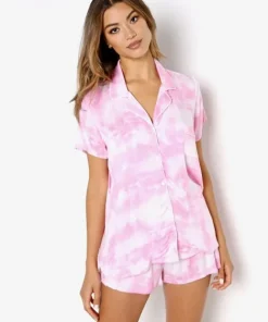 Splendid Pj Sets>Short Sleeve Notch Collar PJ Set Washed Pink Tie Dye