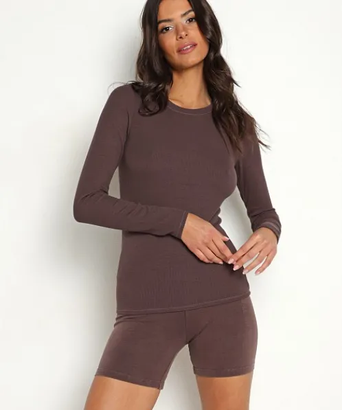 STYLERUNNER Tops>Fine Rib Long Sleeve Sepia