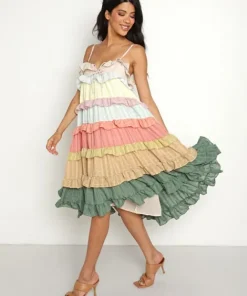 Sweet En Forme Dresses>Plaid and Color Block Tiered Midi