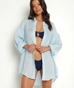 Vitamin A Cover Ups | Tops>Eco Linen Playa Shirt Dress Sky