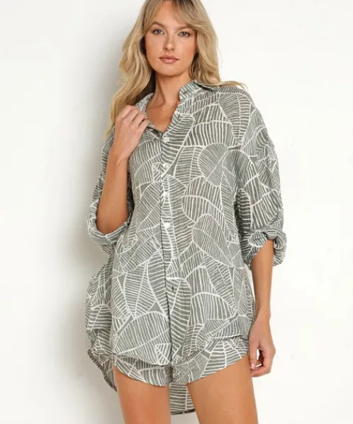 Vitamin A Cover Ups | Tops>Playa Shirt Dress Sea Green Palm Print