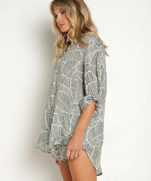 Vitamin A Cover Ups | Tops>Playa Shirt Dress Sea Green Palm Print