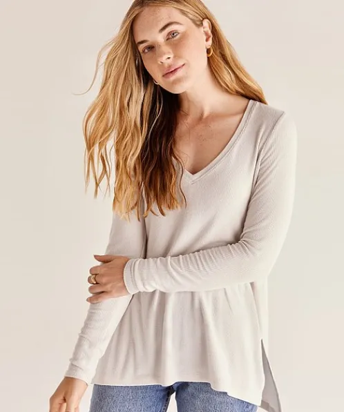 Z Supply Tops>Mal Brushed Rib Long Sleeve Sandstone
